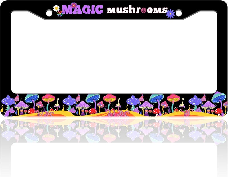 TINALUIN Magic Mushrooms License Plate Frame Colorful Dream Stainless Steel License Plate Holder for Front or Rear Car Tags Funny for Car Decoration Accessories with Screws 6.3 X 12.2 in for Women Men - Image 1